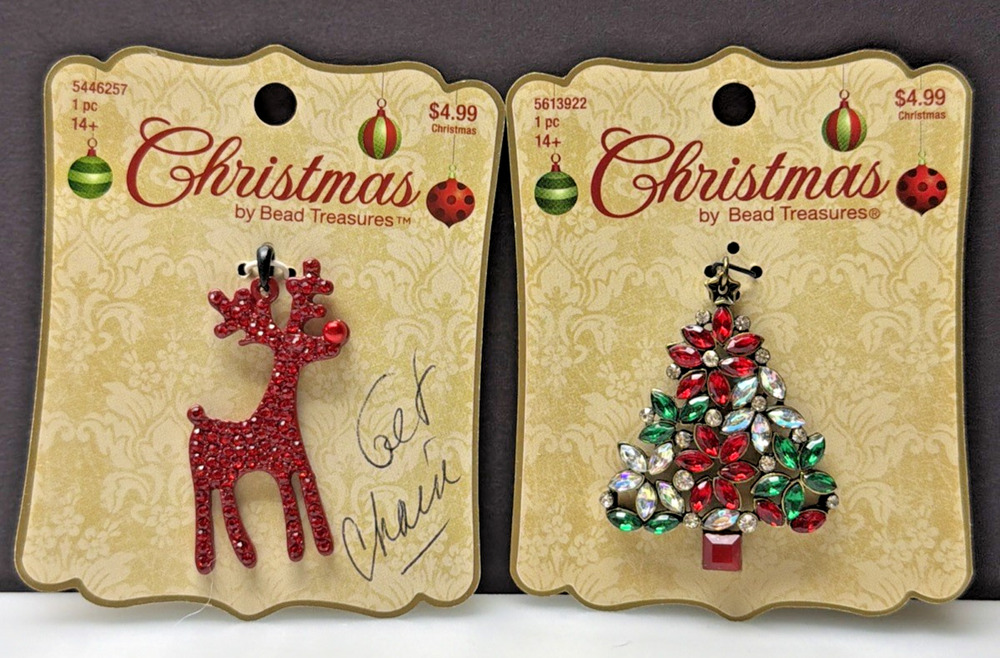Lot of 2 Christmas Bead Treasures Christmas Tree Rudolph Jeweled Charms Pendants